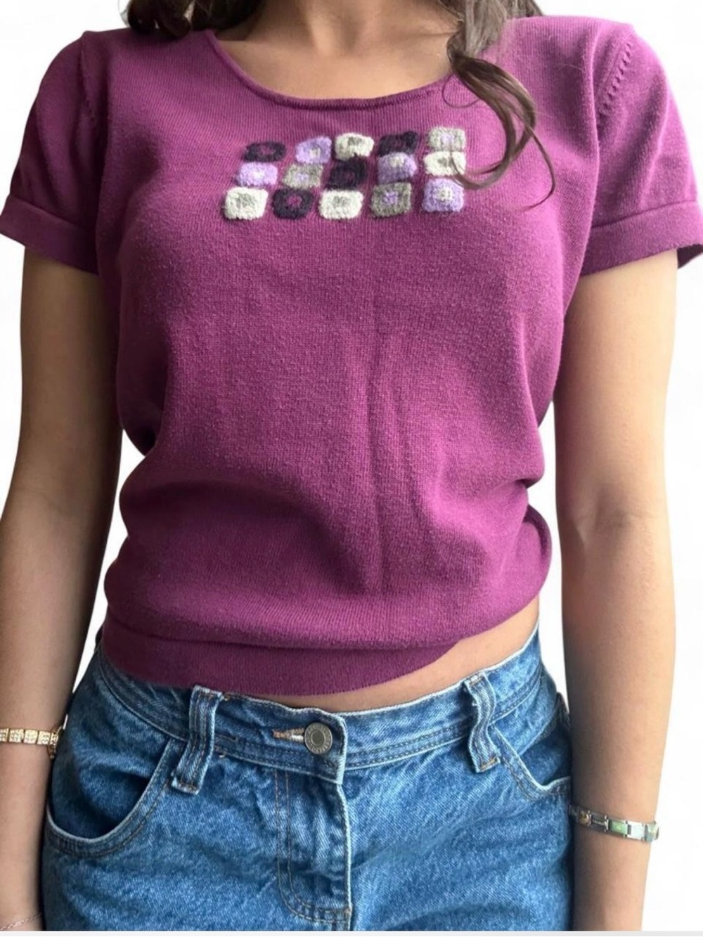 Y2K Plum Short Sleeve Top with Embroidered Squares - Picture 2 of 4